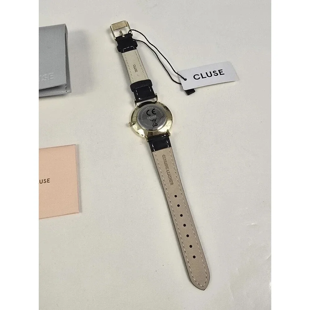 Cluse Minuit Womens Watch 38mm Gold Tone Round White Dial Black Leather Band NWT